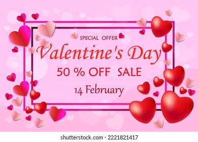 Valentine's day sales banner template. Valentine's Day design with hearts. Design for postcards, flyers, advertising website , posters, ads, coupons, promotional. Vector illustration.