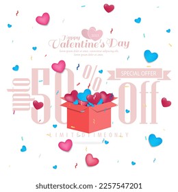 Valentine's Day Sales Concept. Holiday sale banner with confetti and hearts flying out when gift box is opened. web poster, flyer, stylish brochure, greeting card. Love background.