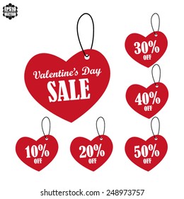 Valentine's day sales design template, different percentages 10 - 50 off on red heart tag, label, sign and symbol. Vector illustration.