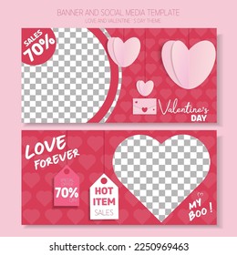 Valentine's day Sales. February 14th. Set of the banner and social media templates for posts, sales, advertisements, digital marketing, and promotion. Pink color background with valentine's element.