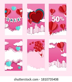 Valentines Day sales social media stories, posts vector template. Heart shape hot air balloons with gifts flying in the sky. Creative paper cut vector art illustration for poster, banner, cover, card.