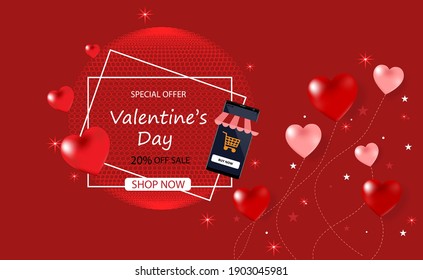 Valentine's Day sale.Valentines day sale background with Heart Shaped Balloons.Pink and red hearts. Vector illustration.