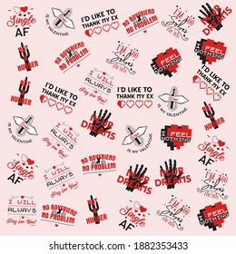 Valentine's day sarcastic pattern. In your dreams, no boyfriend no problem, not a hugger quotes seamless background. Sarcasm wallpaper with hearts, wine bottles, cactus. Stock vector