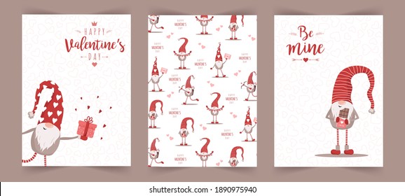 Valentines day scandinavian cards. Cute little gnomes in red hats. Be mine. Vector illustration in cartoon style. Noel vintage postcards on white background.