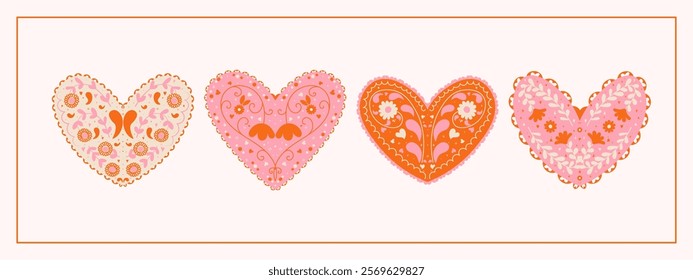 Valentine's Day Scandinavian inspired folk art pattern with flowers and hearts. Nordic heart illustration in a flat modern style.