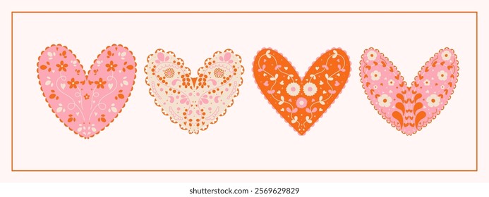 Valentine's Day Scandinavian inspired folk art pattern with flowers and hearts. Nordic heart illustration in a flat modern style.