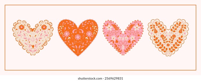 Valentine's Day Scandinavian inspired folk art pattern with flowers and hearts. Nordic heart illustration in a flat modern style.