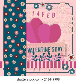 Valentine's Day scrapbook postcard background in vintage colors with decorative elements