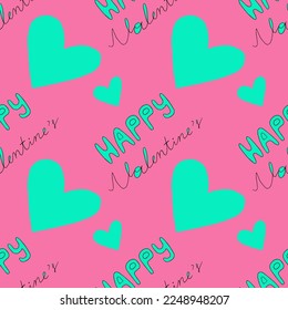 Valentine's day seamles pattern with hearts, " happy Valentine`s" lettering and hand drawn details and textures.