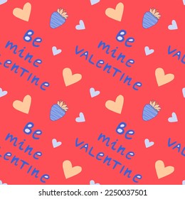 El día de San Valentín combina a la perfección el patrón con corazones, fresas y letras "sé mi valentina", detalles dibujados a mano y texturas.