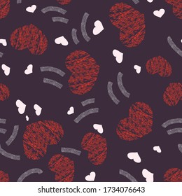 Valentine's day seamless background. Abstract pattern, hearts, lines and spots. Scandinavian style. Background design for paper, textile, gift wrapping, fabric, ceramics, tiles. Vector graphics.