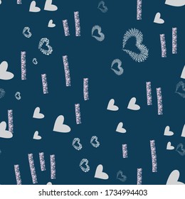 Valentine's day seamless background. Abstract pattern, hearts, lines and spots. Scandinavian style. Background design for paper, textile, gift wrapping, fabric, ceramics, tiles. Vector graphics.