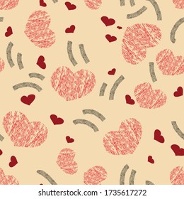 Valentine's day seamless background. Abstract pattern, hearts, lines and spots. Scandinavian style. Background design for paper, textile, gift wrapping, fabric, ceramics, tiles. Vector graphics.