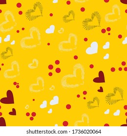Valentine's day seamless background. Abstract pattern, hearts, lines and spots. Scandinavian style. Background design for paper, textile, gift wrapping, fabric, ceramics, tiles. Vector graphics.