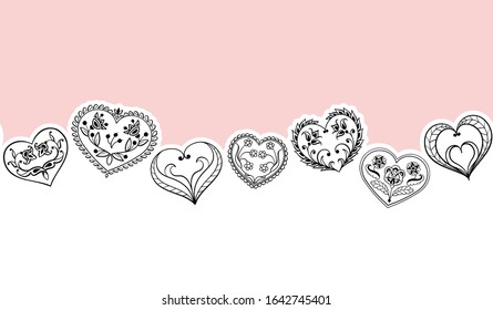 Valentines Day seamless Background. Black Hearts Border Frame. Vector Frame with horizontal Space for your Text.