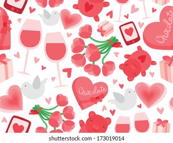 Valentine's Day Seamless Background with Chocolates, Wine, Flowers, Teddy Bear and Love Text Message