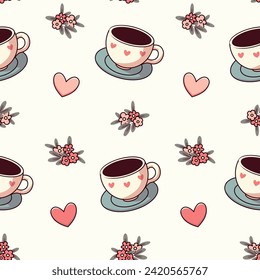 Valentine's Day seamless background with cups, coffee, hearts and flowers. Sweet and romantic design. Vector illustration.