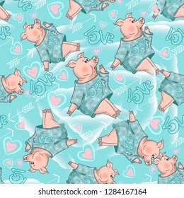 Valentine's day, seamless background with cute pigs, hearts and arrows on blue color.
