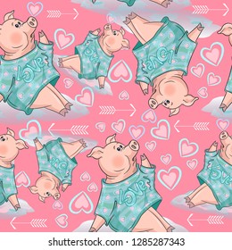Valentine's day, seamless background with cute pigs, hearts and arrows on pink color.