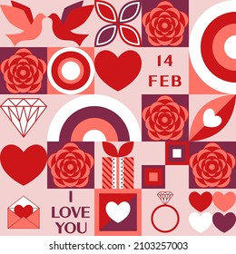 Valentines day seamless background with dove, rose, rainbow, diamond, heart, present, ring, abstract geometric shapes. Vector pattern for social media, website, posters, coupons, promotional prints.