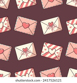Valentine's Day seamless background with envelopes and hearts. Love letters on a dark background.