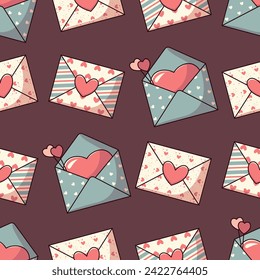 Valentine's Day seamless background with envelopes and hearts. Love letters on a dark background.