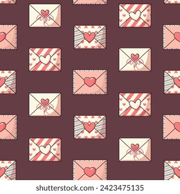 El día de San Valentín es un telón de fondo sin fisuras con sobres y corazones. Cartas de amor en un fondo oscuro.