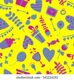 Valentine's Day Seamless Background with gifts, sweets, candy, heart, glass, champagne, balloon, love whale, cupcakes, airy balls, love letter, a cup of tea, arrow, birds, flowers and lightbulb 