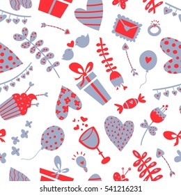 Valentine's Day Seamless Background with gifts, sweets, candy, heart, glass, champagne, balloon, love whale, cupcakes, airy balls, love letter, a cup of tea, arrow, birds, flowers and lightbulb 