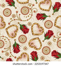 Valentines day seamless background with golden hearts, rose flowers, outline roses, jewelry chains, red gems. Vector love pattern for wedding, engagement event, Valentines Day, gift decoration.