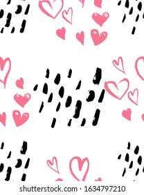 Valentine's Day seamless background. Hand drawn ink patterns with hearts, abstract elements, keys, arrows for fashion, wallpapers, print, scrapbooking, greeting card, fabric.