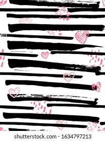 Valentine's Day seamless background. Hand drawn ink patterns with hearts, abstract elements, keys, arrows for fashion, wallpapers, print, scrapbooking, greeting card, fabric.