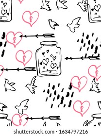Valentine's Day seamless background. Hand drawn ink patterns with hearts, abstract elements, keys, arrows for fashion, wallpapers, print, scrapbooking, greeting card, fabric.