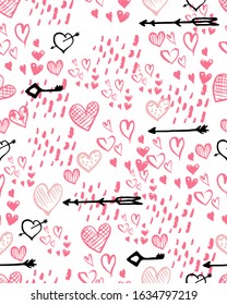Valentine's Day seamless background. Hand drawn ink patterns with hearts, abstract elements, keys, arrows for fashion, wallpapers, print, scrapbooking, greeting card, fabric.
