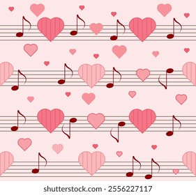 Valentine's Day seamless background with hearts and musical notes. Vector illustration.