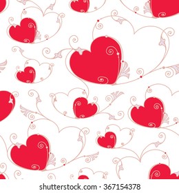 Valentine's day seamless background with hearts and swirls. Vector repeating texture
