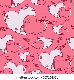 Valentine's day seamless background with hearts and swirls. Vector repeating texture