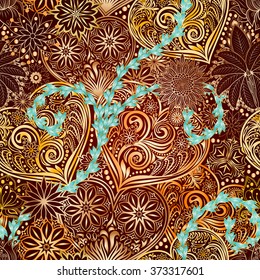 Valentines Day seamless background with hearts and flowers. Hand drawing floral motif vintage vector EPS-8 texture. The ability to change colors without loss of seamless.