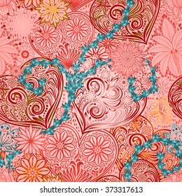 Valentines Day seamless background with hearts and flowers. Hand drawing floral motif vintage vector EPS-8 texture. The ability to change colors without loss of seamless.