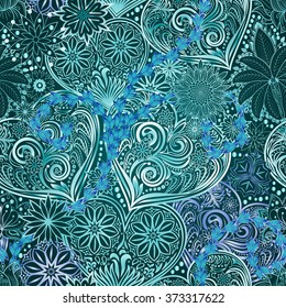Valentines Day seamless background with hearts and flowers. Hand drawing floral motif vintage vector EPS-8 texture. The ability to change colors without loss of seamless.