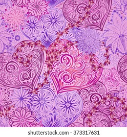 Valentines Day seamless background with hearts and flowers. Hand drawing floral motif vintage vector EPS-8 texture. The ability to change colors without loss of seamless.