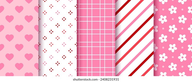 Valentine's day seamless background. Pink cute pattern. Endless prints with heart stripes flowers check. Vintage romantic texture. Vector Illustration