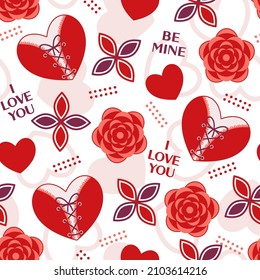 El día de San Valentín trasfondo sin fisuras con símbolos románticos, corazones, rosas, puntos, frases que te amo, sé mía. Patrón vectorial para la decoración de la boda, evento de compromiso