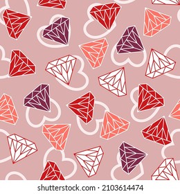 Valentines day seamless background with romantic symbols, heart, various multi coloured gemstones, diamonds. Vector pattern for decoration of wedding, engagement event