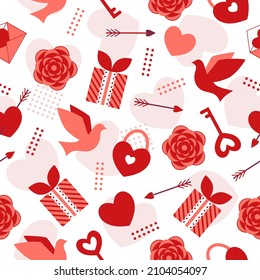 San Valentín fondo sin fisuras con símbolos románticos, paloma, corazón, rosa, flecha de amor, candado, llave de amor, puntos. Patrón vectorial para la decoración de la boda, evento de compromiso, Día de San Valentín