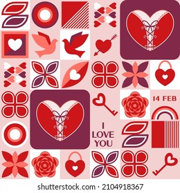 Valentines day seamless background with romantic symbols, abstract geometric shapes. Vector pattern for social media, website, posters, coupons, promotional prints.