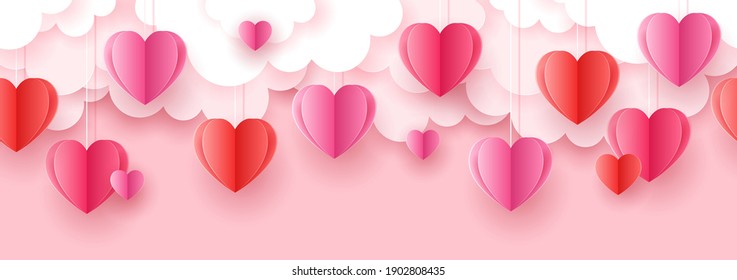 Valentine's day seamless background for social media advertising, invitation or poster design with paper art cut heart shapes and clouds. Vector illustration