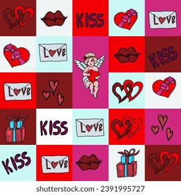 Valentines Day seamless background. Squares and hearts, lips, gifts. Romantic vector pattern.