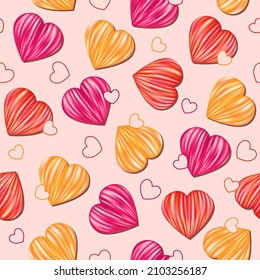 Valentines day seamless background with striped red, yellow, pink hearts. Vector pattern for decoration of wedding, engagement event