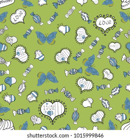 Valentines day seamless background. Unusual designs. Vector illustration. Cute hearts love on green, white and blue colors on nice background.